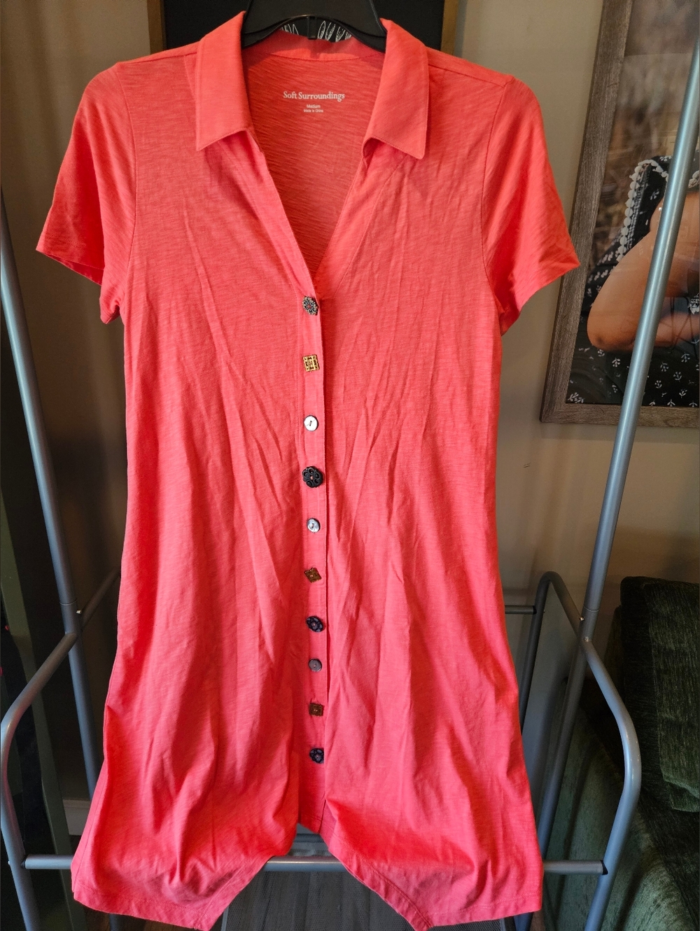 Soft Surroundings Danielle Button Dress Coral Size Medium 100% Cotton